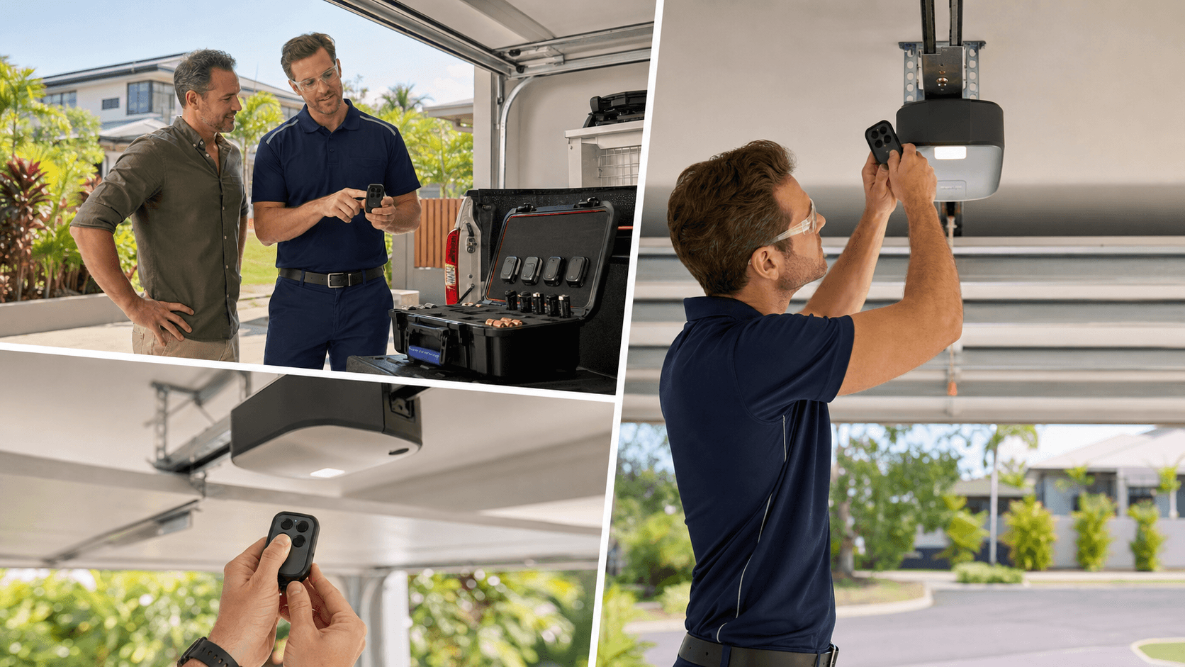 Hand holding a black garage door remote in front of a sunlit suburban garage with a white roller door.